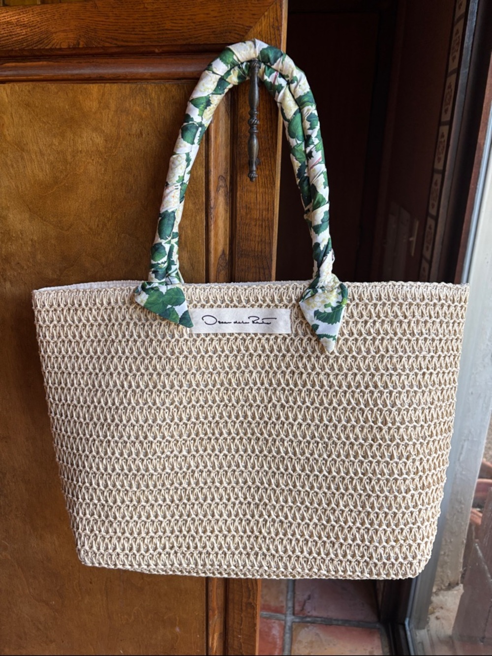 Oscar de la Renta Cream Woven Tote with Green Floral Handles